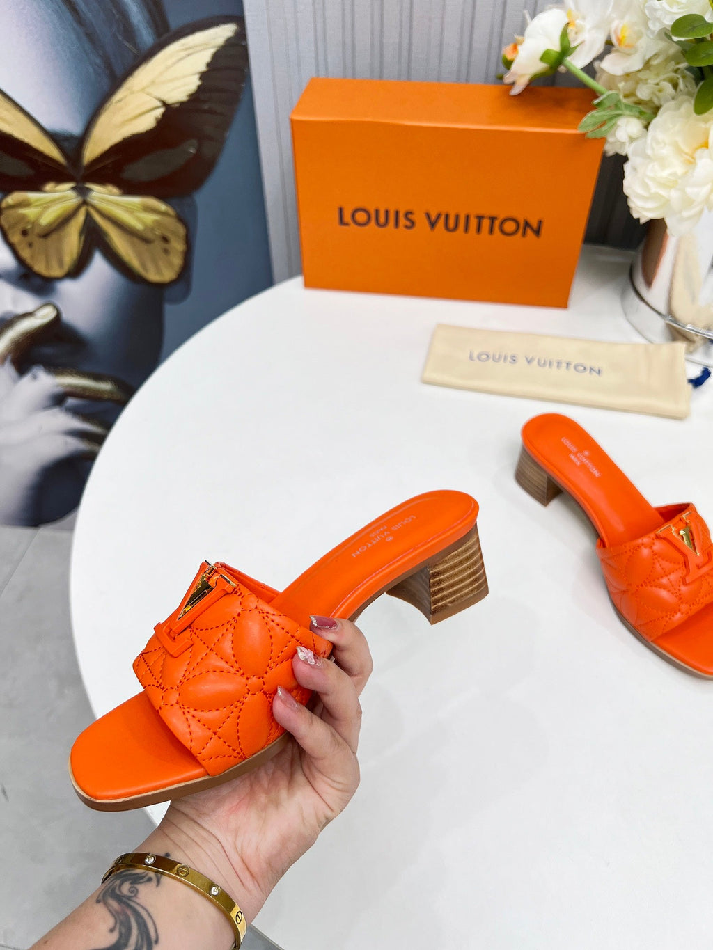 LV 26S MARE HIGH-HEELED MULE SANDALS IN ORANGE CALFSKIN