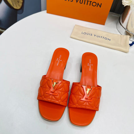 LV 26S MARE HIGH-HEELED MULE SANDALS IN ORANGE CALFSKIN