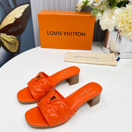 LV 26S MARE HIGH-HEELED MULE SANDALS IN ORANGE CALFSKIN