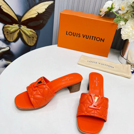 LV 26S MARE HIGH-HEELED MULE SANDALS IN ORANGE CALFSKIN