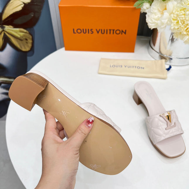 LV 26S MARE HIGH-HEELED MULE SANDALS IN ASH BEIGE CALFSKIN