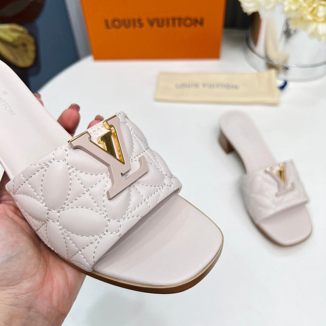 LV 26S MARE HIGH-HEELED MULE SANDALS IN ASH BEIGE CALFSKIN