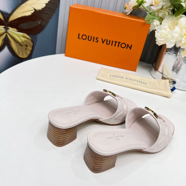 LV 26S MARE HIGH-HEELED MULE SANDALS IN ASH BEIGE CALFSKIN