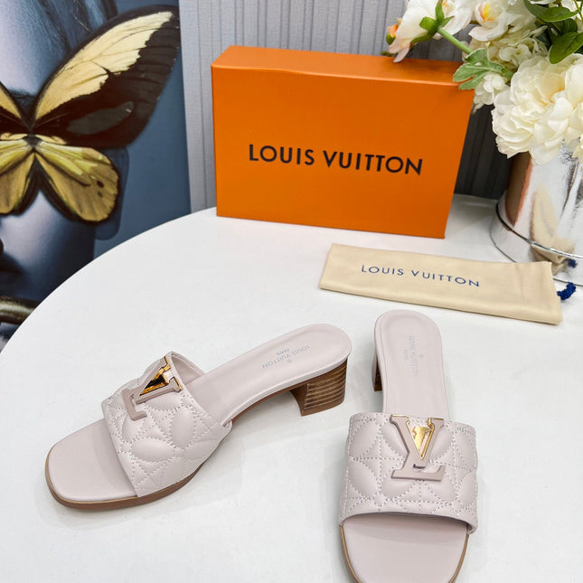 LV 26S MARE HIGH-HEELED MULE SANDALS IN ASH BEIGE CALFSKIN