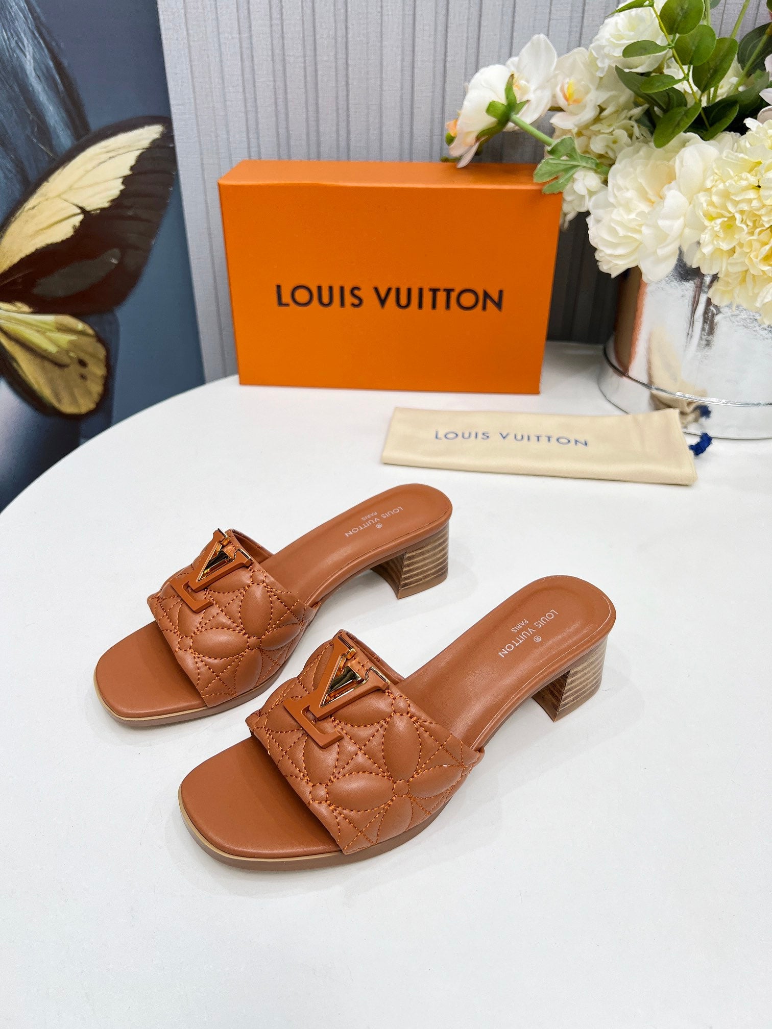 LV 26S MARE HIGH-HEELED MULE SANDALS IN BROWN CALFSKIN