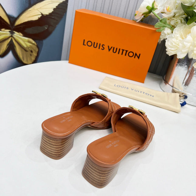 LV 26S MARE HIGH-HEELED MULE SANDALS IN BROWN CALFSKIN
