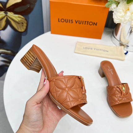 LV 26S MARE HIGH-HEELED MULE SANDALS IN BROWN CALFSKIN