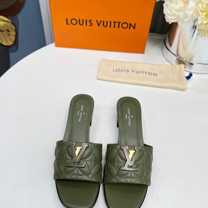 LV 26S MARE HIGH-HEELED MULE SANDALS IN MOSS GREEN CALFSKIN
