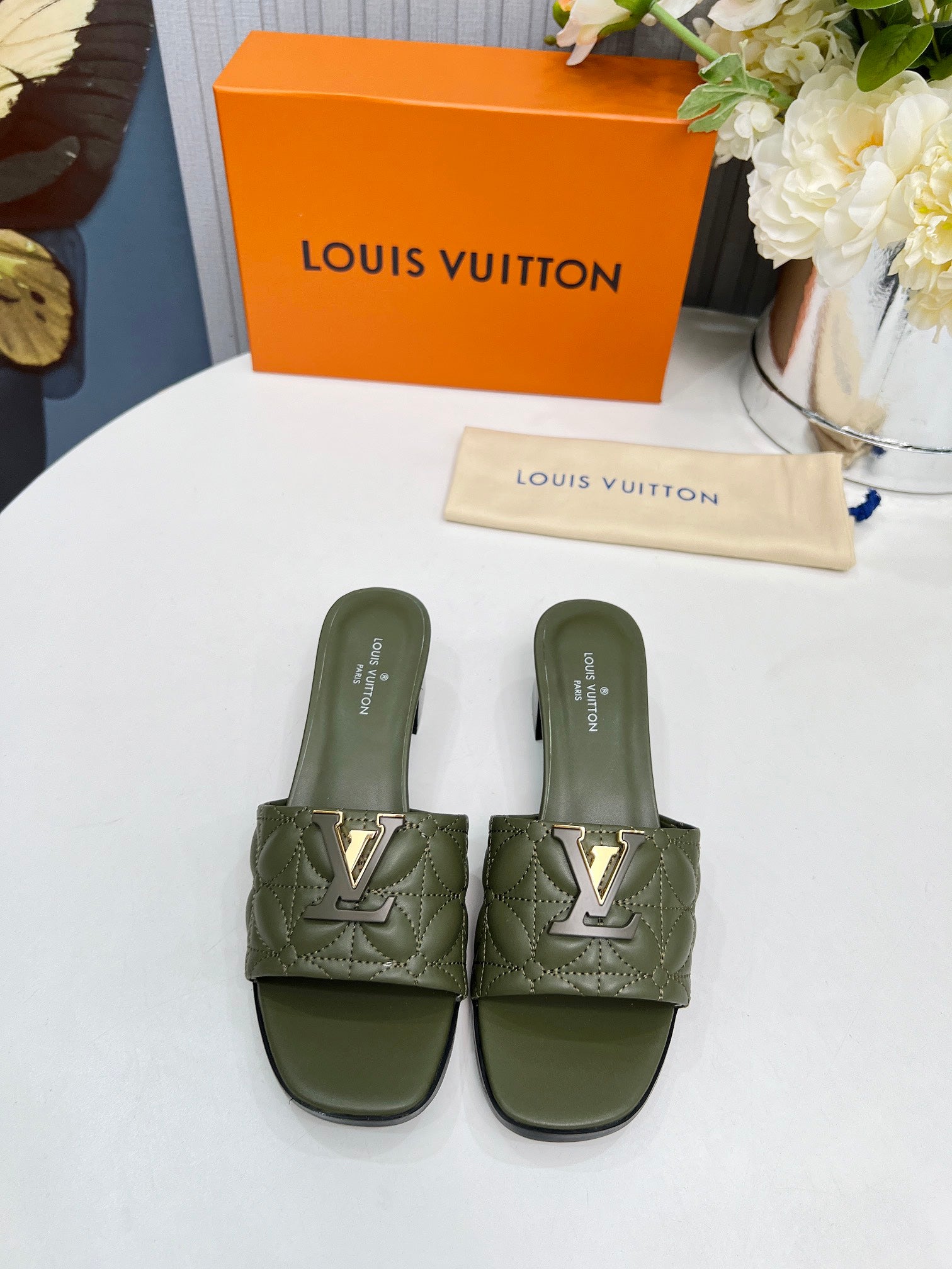 LV 26S MARE HIGH-HEELED MULE SANDALS IN MOSS GREEN CALFSKIN