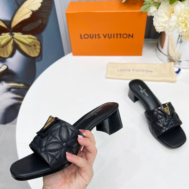 LV 26S MARE HIGH-HEELED MULE SANDALS IN BLACK CALFSKIN