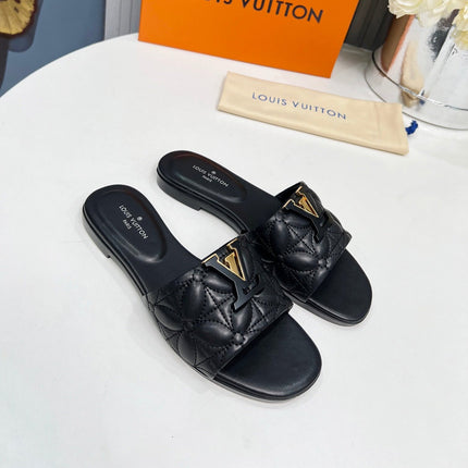 LV 26S MARE FLAT MULES IN BLACK CALFSKIN