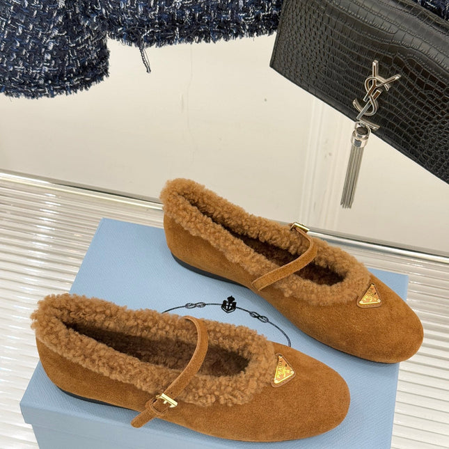 PRADA 25S MARY JANE FLATS IN BROWN SUEDE WITH GOLD HARDWARE