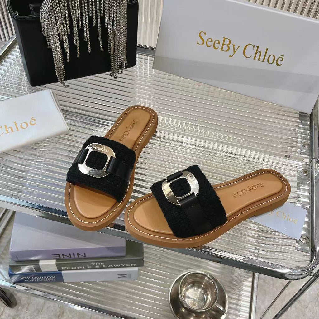 WOVEN SLIDE MULE IN BLACK WOOL AND BROWN LAMBSKIN GOLD HARDWARE