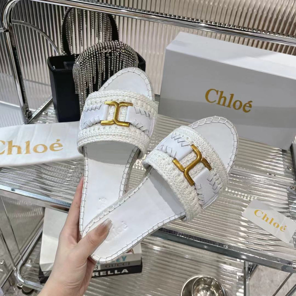 WOVEN SLIPPER IN WHITE WOOL AND LAMBSKIN GOLD HARDWARE
