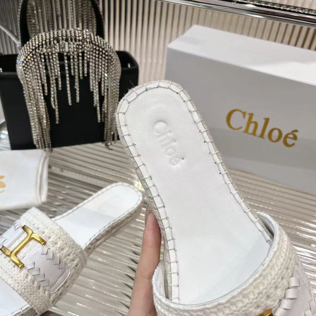 WOVEN SLIPPER IN WHITE WOOL AND LAMBSKIN GOLD HARDWARE