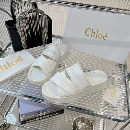 MILA FLAT SLIDES 5 CM IN WHITE CALFSKIN AND RE-NYLON