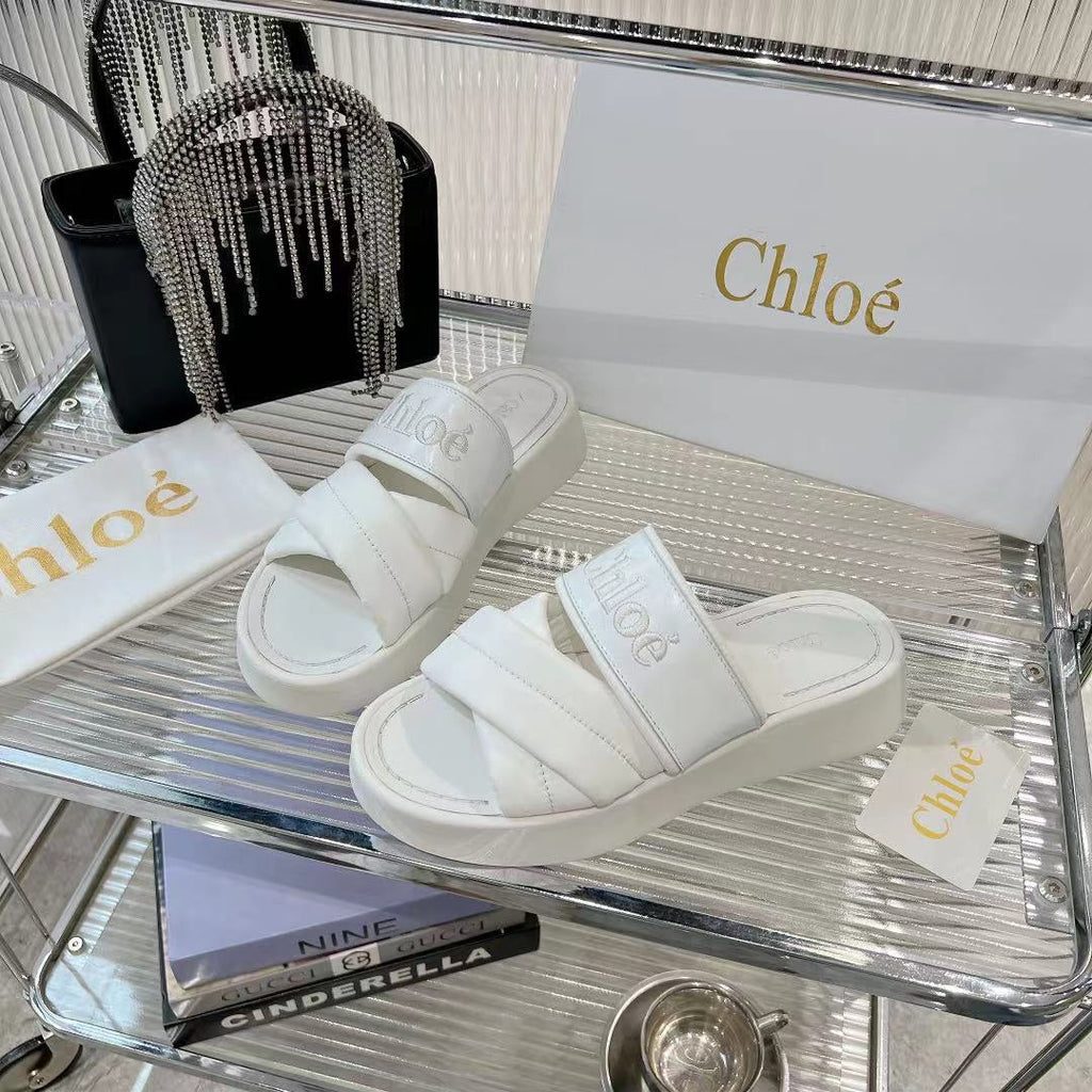 MILA FLAT SLIDES 5 CM IN WHITE CALFSKIN AND RE-NYLON