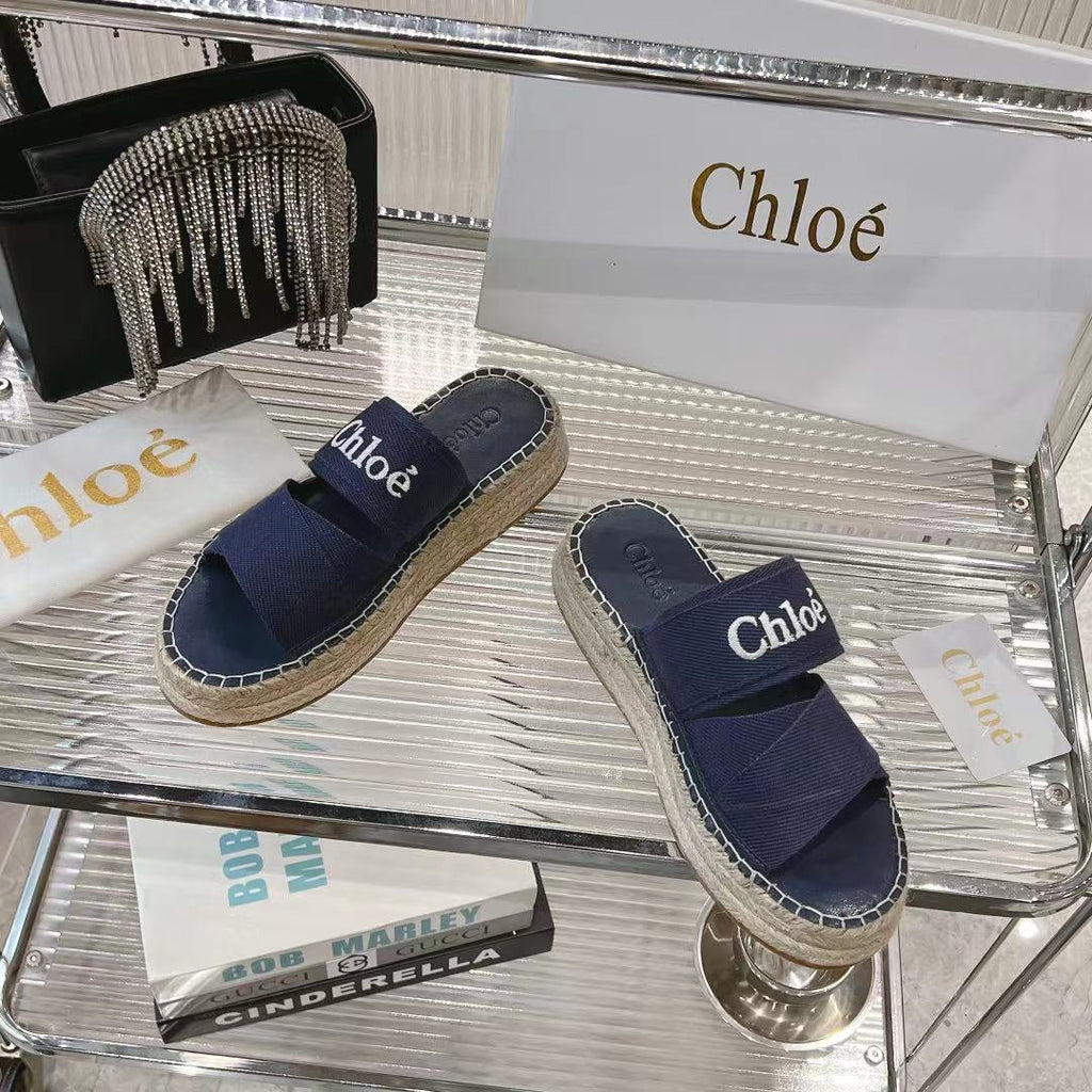 MILA PLATFORM 5 CM IN NAVY BLUE FABRIC AND BEIGE RAFFIA