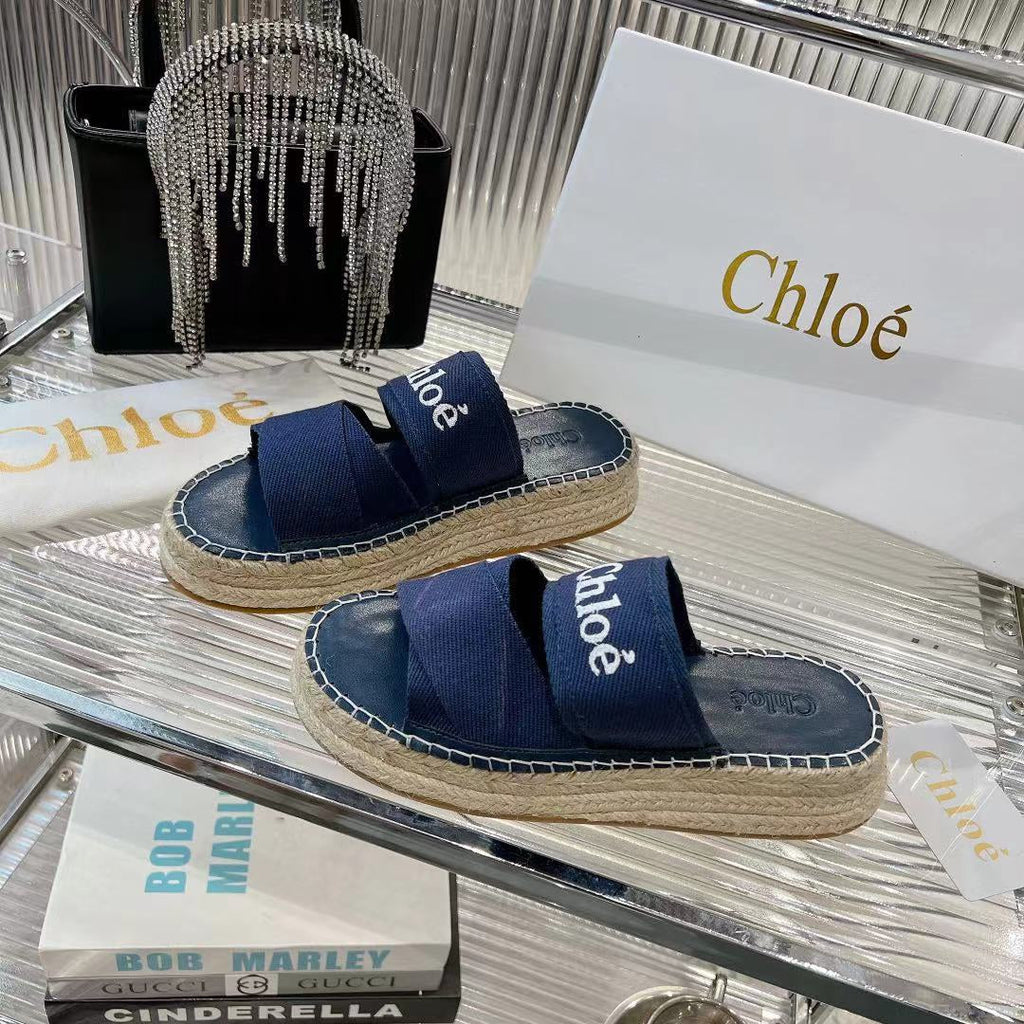 MILA PLATFORM 5 CM IN NAVY BLUE FABRIC AND BEIGE RAFFIA