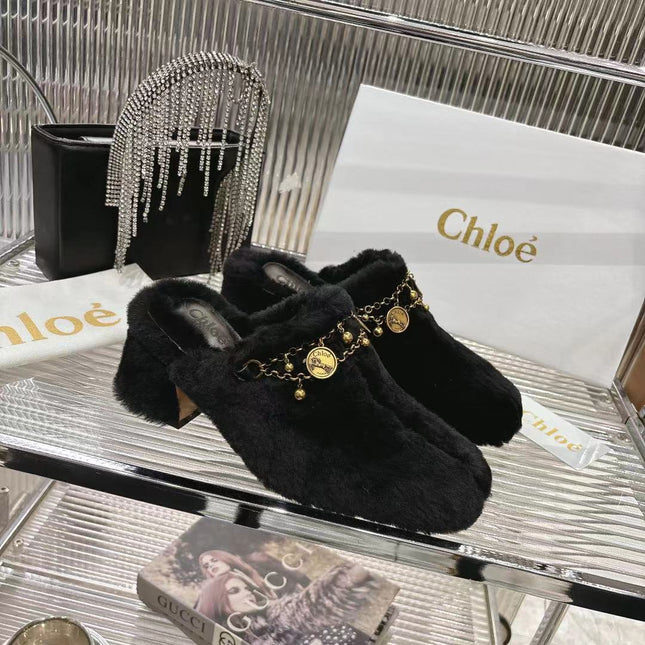 CHLOÉ 26S HIGH-HEELED MULES IN BLACK WOOL