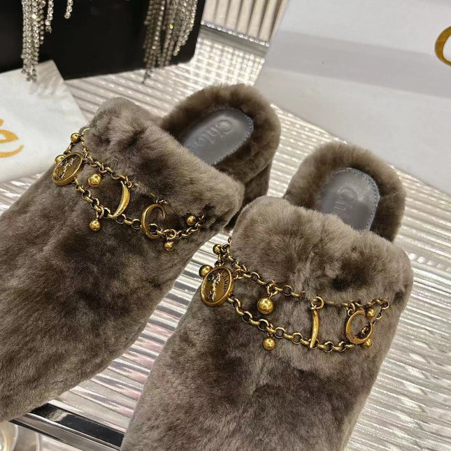 CHLOÉ 26S HIGH-HEELED MULES IN SMOKY BROWN WOOL