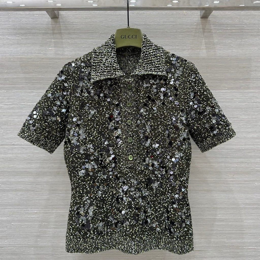 Gucci Knitted Polo Short-sleeved Top Green Wool
