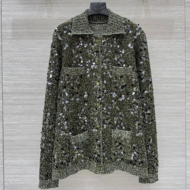 GUCCI 25 KNITTED POLO LONG-SLEEVED TOP GREEN GRAY WOOL
