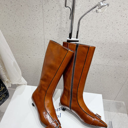 ALO 25S PALOMA WOOL HIGH BOOTS IN BROWN LAMBSKIN WITH METAL BUCKLE DETAIL AT THE TOE