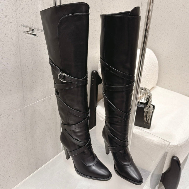YSL 26S JANIS KNEE-HIGH BOOTS 90 MM IN BLACK SUEDE