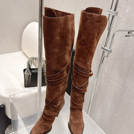 YSL 26S JANIS KNEE-HIGH BOOTS 90 MM IN BROWN SUEDE