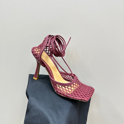 STRETCH HIGH HEELS 9 CM IN SANGRIA RED METALLIZE MESH AND LEATHER