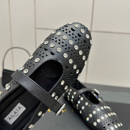 ALAIA BALLET SHOES 25S IN BLACK LAMBSKIN WITH CRYSTAL DETAILING
