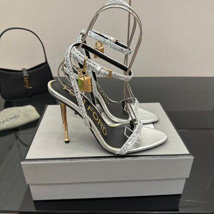TOM FORD 26S HEELED SANDALS 100 MM IN SILVER CALFSKIN