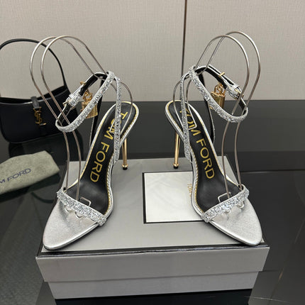 TOM FORD 26S HEELED SANDALS 100 MM IN SILVER CALFSKIN