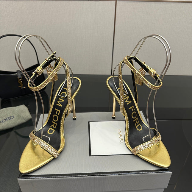 TOM FORD 26S HEELED SANDALS 100 MM IN METALLIC GOLD CALFSKIN
