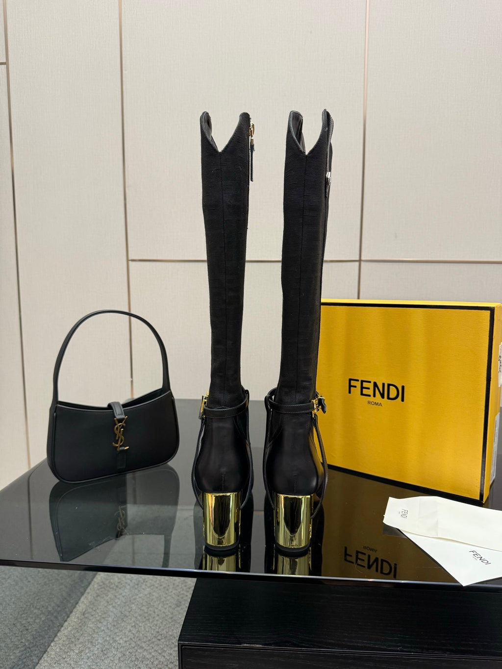 FENDI 25S KNEE-HIGH BOOTS 50 MM IN BLACK CALFSKIN AND FABRIC PRINT LOGO