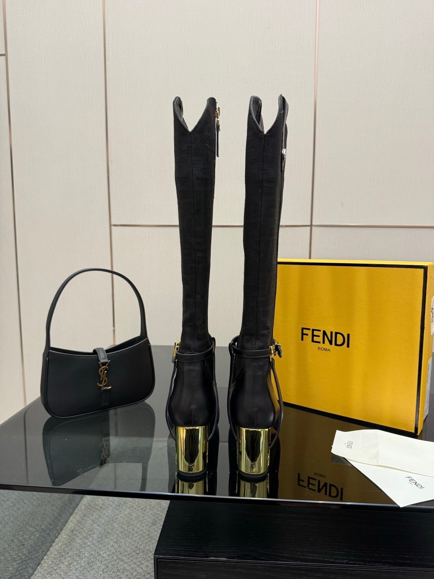 FENDI 25S KNEE-HIGH BOOTS 50 MM IN BLACK CALFSKIN AND FABRIC PRINT LOGO