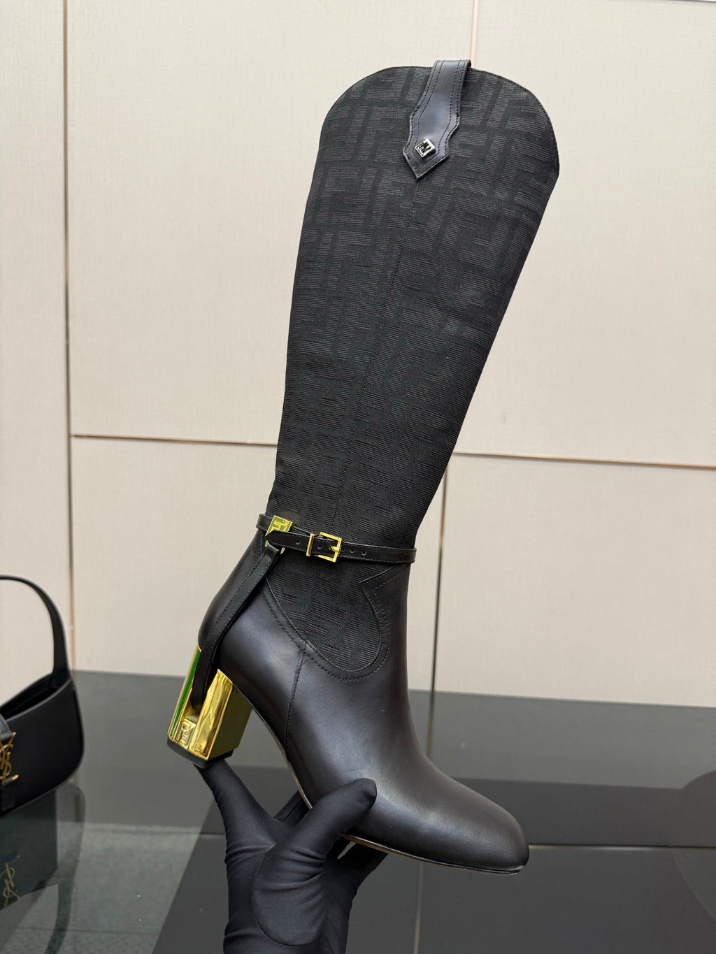 FENDI 25S KNEE-HIGH BOOTS 50 MM IN BLACK CALFSKIN AND FABRIC PRINT LOGO