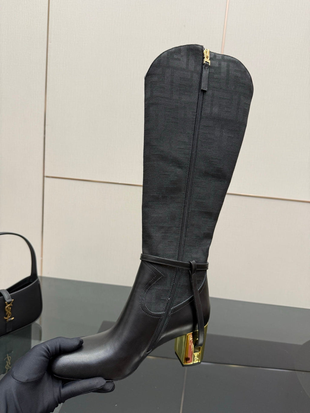 FENDI 25S KNEE-HIGH BOOTS 50 MM IN BLACK CALFSKIN AND FABRIC PRINT LOGO