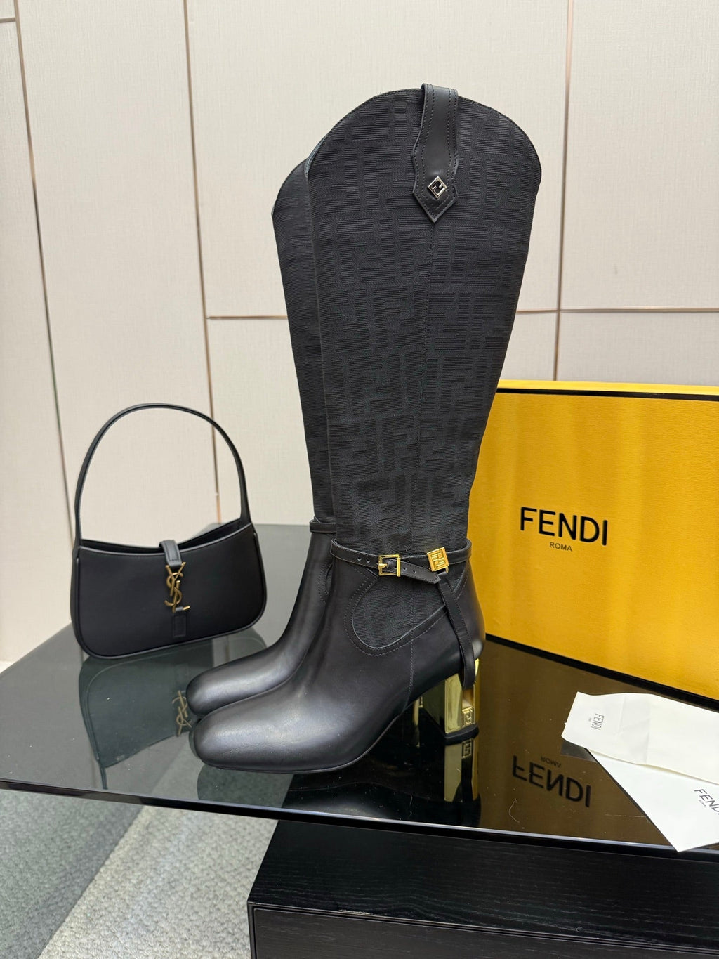 FENDI 25S KNEE-HIGH BOOTS 50 MM IN BLACK CALFSKIN AND FABRIC PRINT LOGO