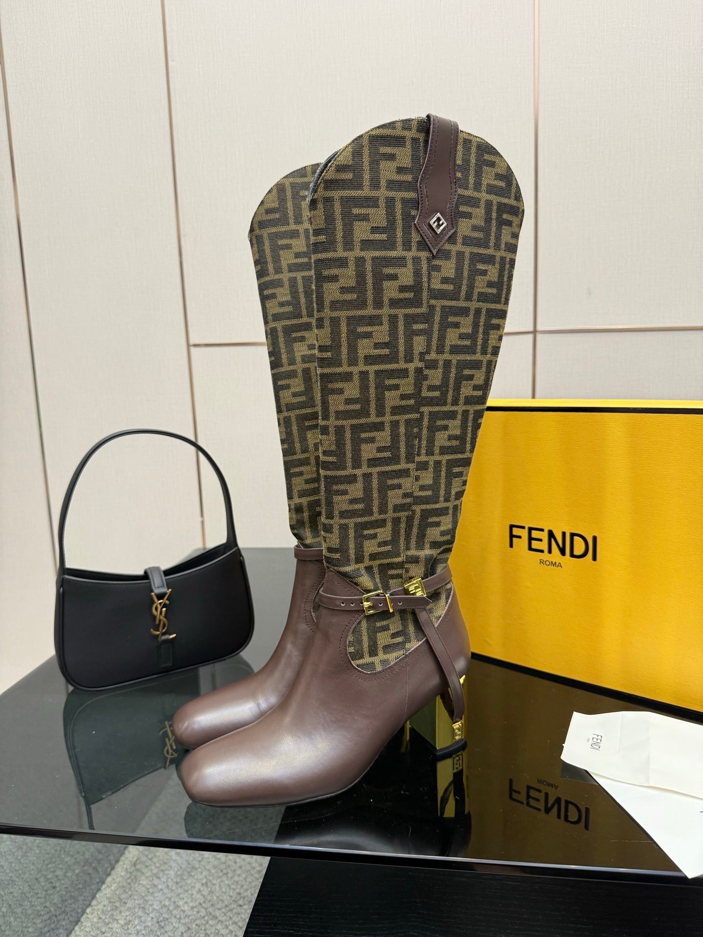FENDI 25S KNEE-HIGH BOOTS 50 MM IN DARK BROWN CALFSKIN AND FABRIC PRINT LOGO