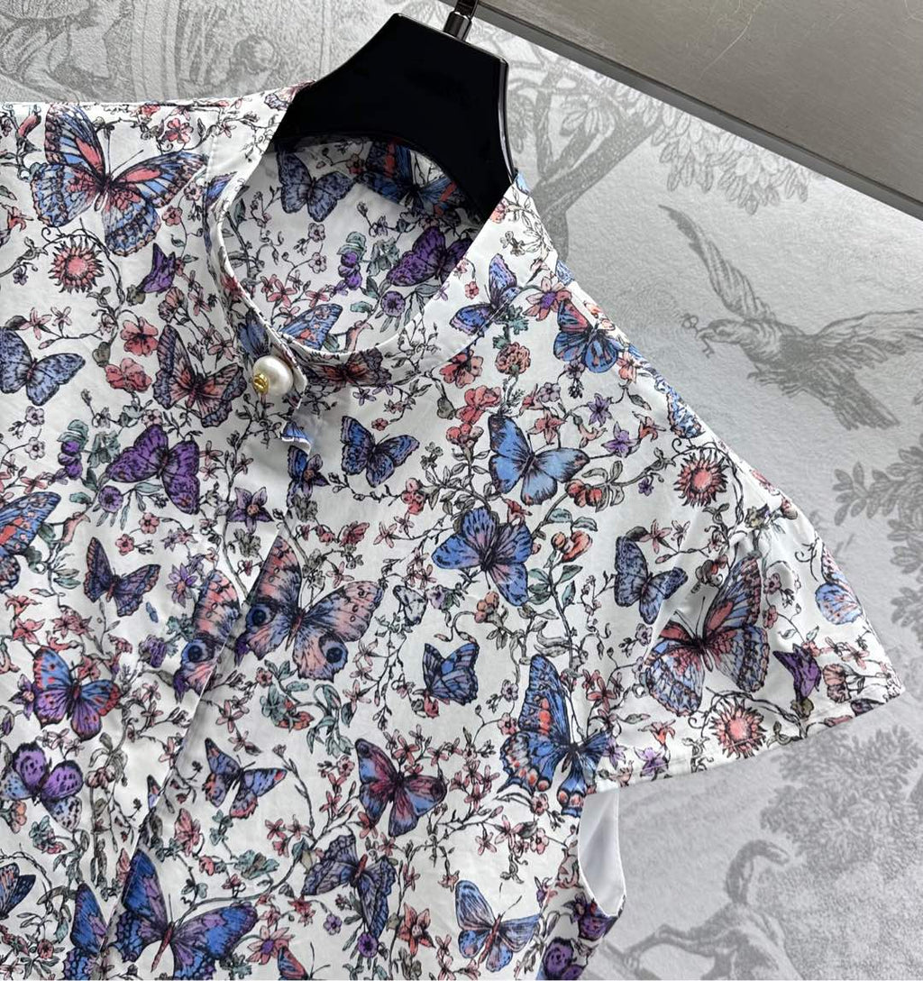 CD Short Dress White Cotton Muslin with Multicolor Motif
