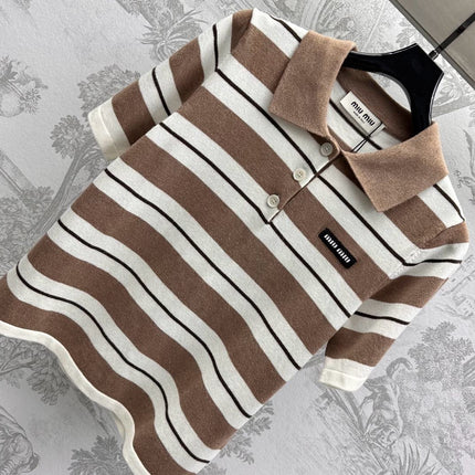 Miu 25 Polo T-Shirt Brown mix Beige Virgin Wool 233466
