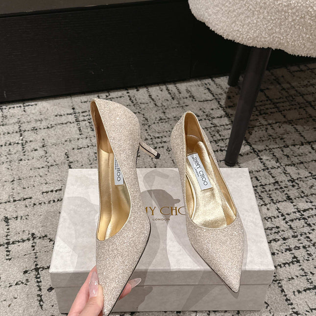 JIMMY CHOO 26S HIGH HEELS 65 MM IN CHAMPAGNE GOLD GLITTER
