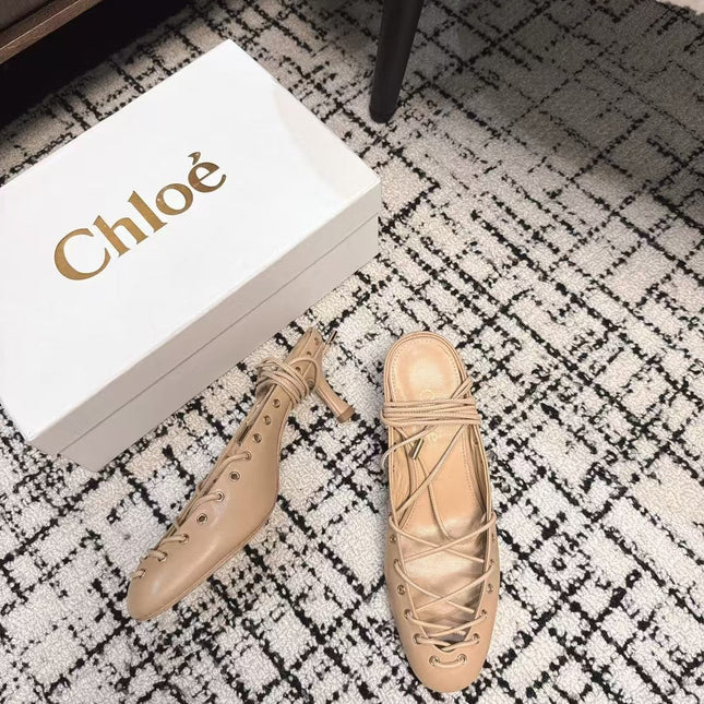 CHLOÉ 26S LACE-UP HEELS 60 MM IN NUDE BEIGE CALFSKIN