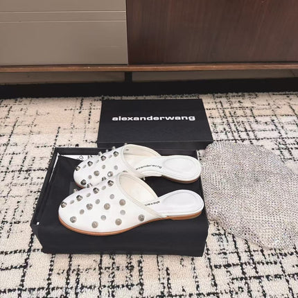 RHODES STUDDED FLAT MULE IN WHITE CALFSKIN