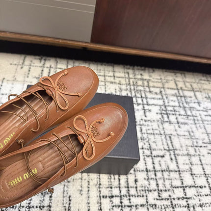 MIUMIU 26S LACE UP BOW LOAFERS IN CARAMEL BROWN CALFSKIN
