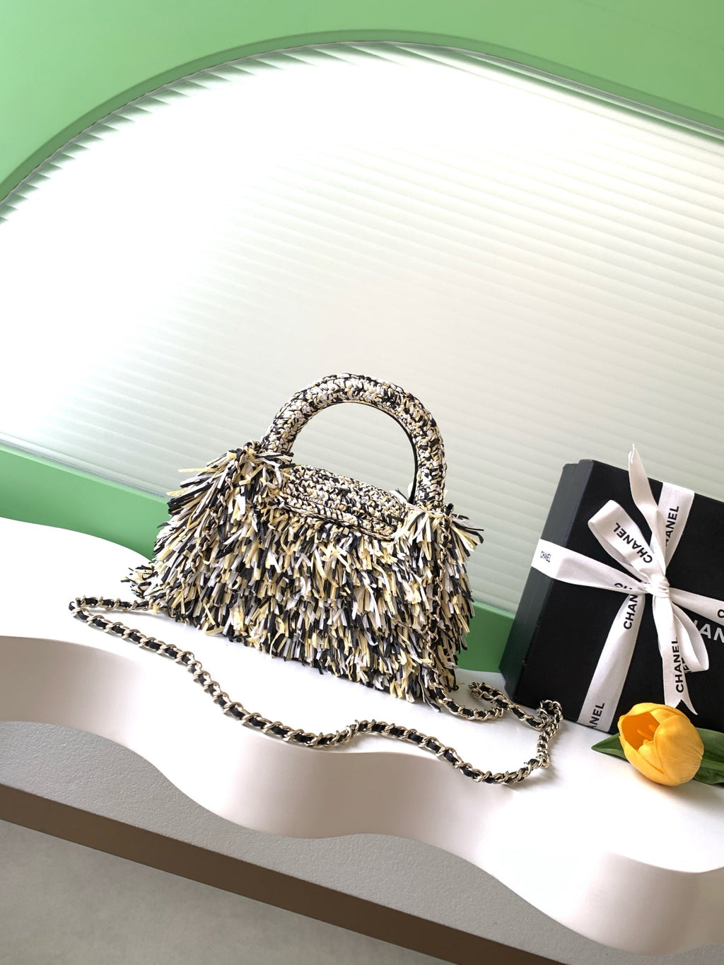 CHANEL 26S SMALL FRINGE KELLY 19 IN BLACK AND IVORY RAFFIA WOOD