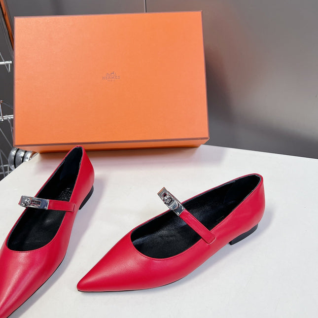 HM 26S KELLY BUCKLE MARY JANE POINTED FLATS IN RED CALFSKIN