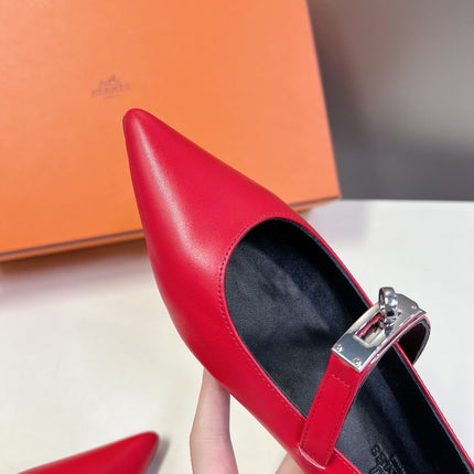 HM 26S KELLY BUCKLE MARY JANE POINTED FLATS IN RED CALFSKIN